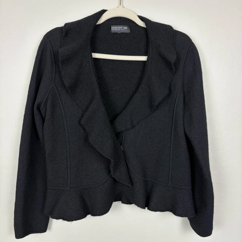 Jones New‎ York Petite Collection Wool Jacket Size M Black Ruffled Work Church